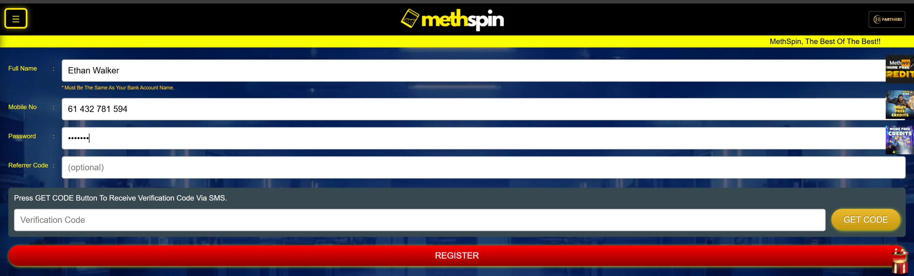 Methspin Casino registration form